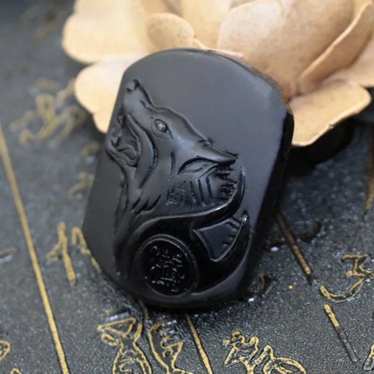 Бесплатная доставка натуральный черный обсидиан резьба голова Волка амулет