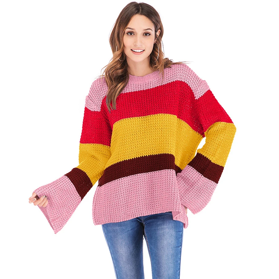 Женский трикотажный свитер в полоску Радужный пуловер оверсайз повседневная