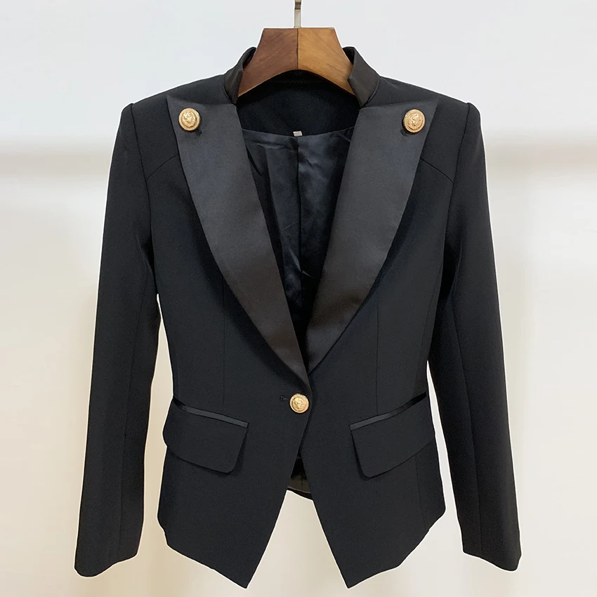 HIGH STREET New 2021 Designer Stylish Blazer Women's Single Button Lion Button Embellished Satin Collar Blazer Jacket