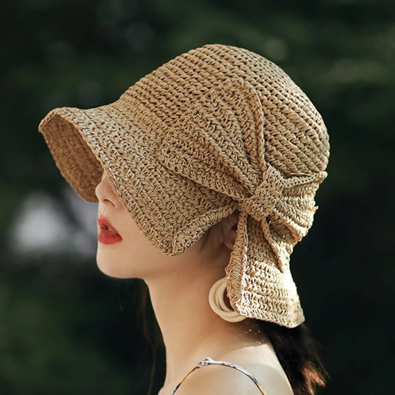 

Women Summer Hat Wide Brimmed Raffia Bow Panama Foldable Women Hat Elegante Bucket Straw Hat Foldable Beach Sun Shade Hat Caps