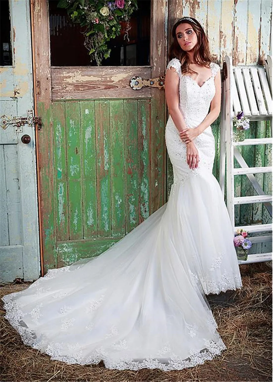 Великолепный Тюль Милая декольте Русалка Свадебные платья с блестками Кружева