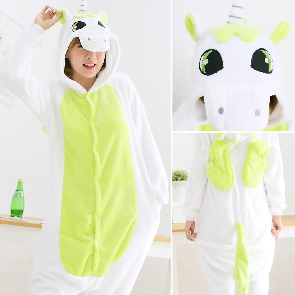 Green unicorn Теплые фланелевые пижамы с животными для взрослых наборы мультфильм Единорог панда стежка Хэллоуин пижамы косплей для женщин мужчин Onsies пижамы единорог женские домашняя одежда ночнушка - Цвет: Green unicorn