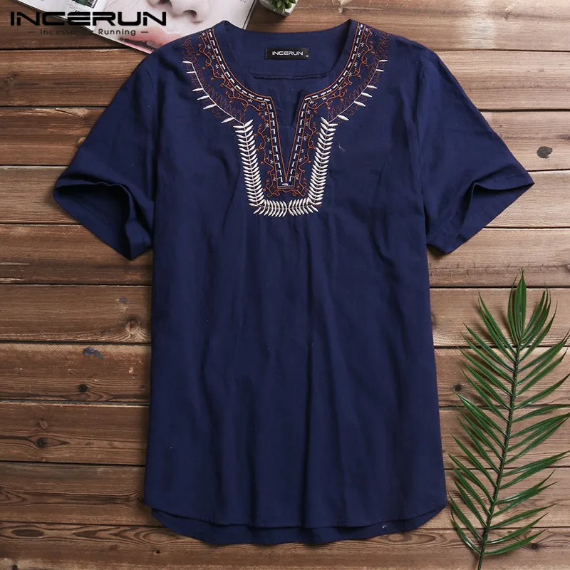Рубашка INCERUN мужская с коротким рукавом хлопок v образный вырез шикарная вышивка