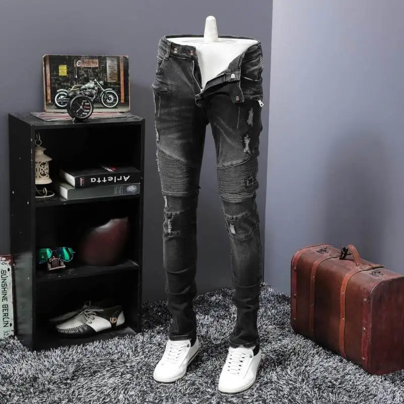 as photos Винтажные, с дырами джинсы Для мужчин Классические Плиссированные Slim Fit джинсовые брюки для байкеров Street Стиль хип-хоп Жан женский джинсовый комбинезон мужской - Цвет: as photos