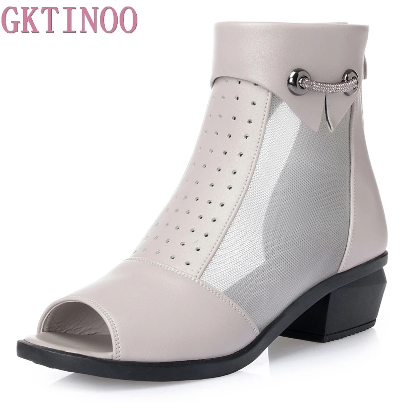 GKTINOO New Summer Ankle Boots For Women Fashion Cut-Out Mesh Zip Sandals Ladies Peep Toe High Heels Shoes Woman Genuine Leather | Обувь