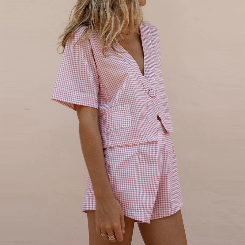 Летний Повседневный Женский комплект из двух предметов короткий рукав v-образный