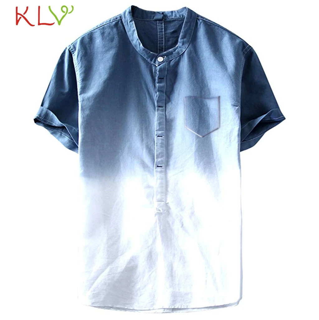 Navy with Pocket Мужская рубашка, летняя, градиентная, короткий рукав, Ретро стиль, хлопок, лен, белая, повседневная, рабочая рубашка, Мужской Топ, Homme, одежда для пробежек, 19My - Цвет: Navy with Pocket
