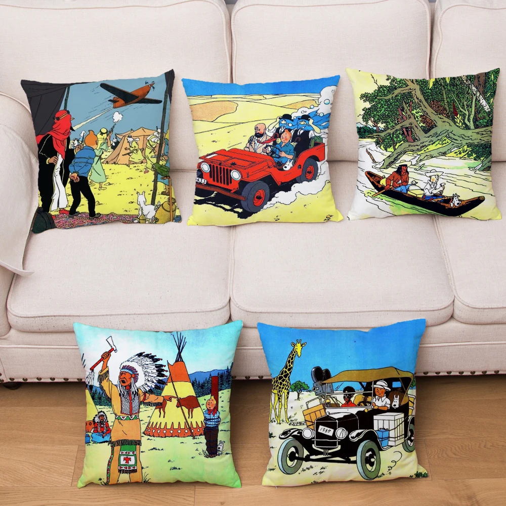 

The Adventures of Tintin Print Throw Pillow Cover 45*45cm Textile Cushion Cover Plush Pillow Case Sofa Home Decor Pillows Cases