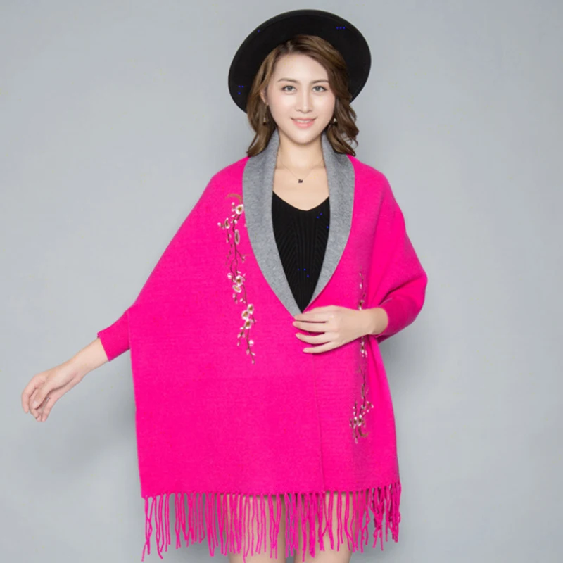 Женский шарф из кашемира шрам с рукавом шаль вышивкой шерсть накидка кисточками