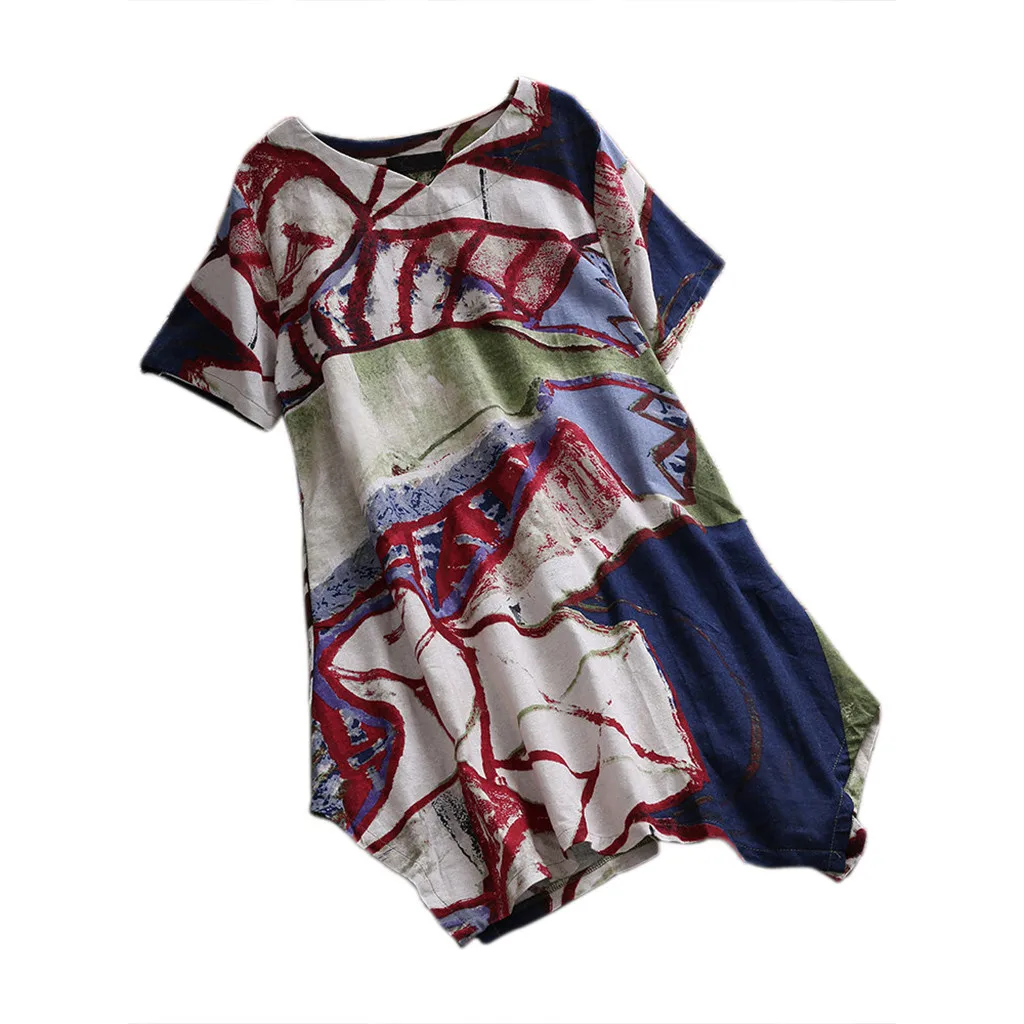 Женское хлопковое льняное платье с принтом v образным вырезом коротким рукавом