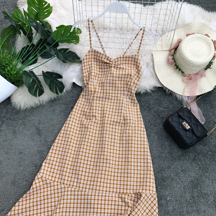 2019 новые модные женские платья приталенное Ретро клетчатое пляжное платье с