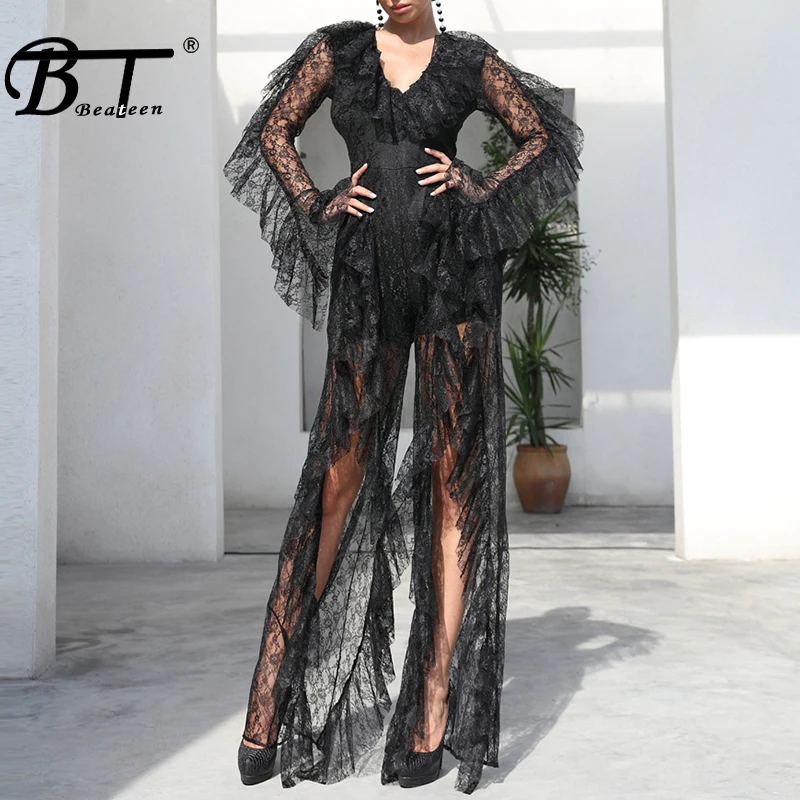 Женский кружевной комбинезон с оборками Beateen винтажный элегантный глубоким v