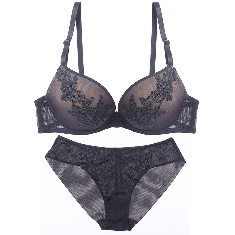 Lilymoda, сексуальный, роскошный, Цветочная вышивка, женский бюстгальтер, трусы, набор, бюстгальтер, трусики, комплект нижнего белья, женское белье, бюстгальтер, бесшовные трусики - Цвет: BLACK