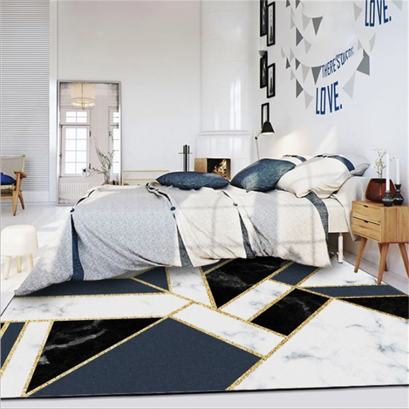 Коврик для гостиной тяжелый металлический синий геометрический черный белый
