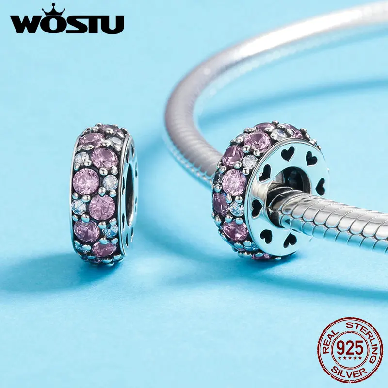 WOSTU Лидер продаж 925 пробы Серебряный Сверкающий Розовый CZ разделитель Шарм подходит браслет из бисера S925 серебро DIY ювелирные изделия подарок CQC635