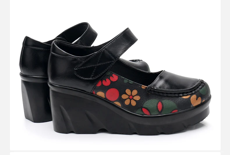 Genuine leather Wedges Women's shoes Spring Autumn Platform Women Pumps Hook&Loop Mary Janes Shoes Woman Casual Mom Leather shoe