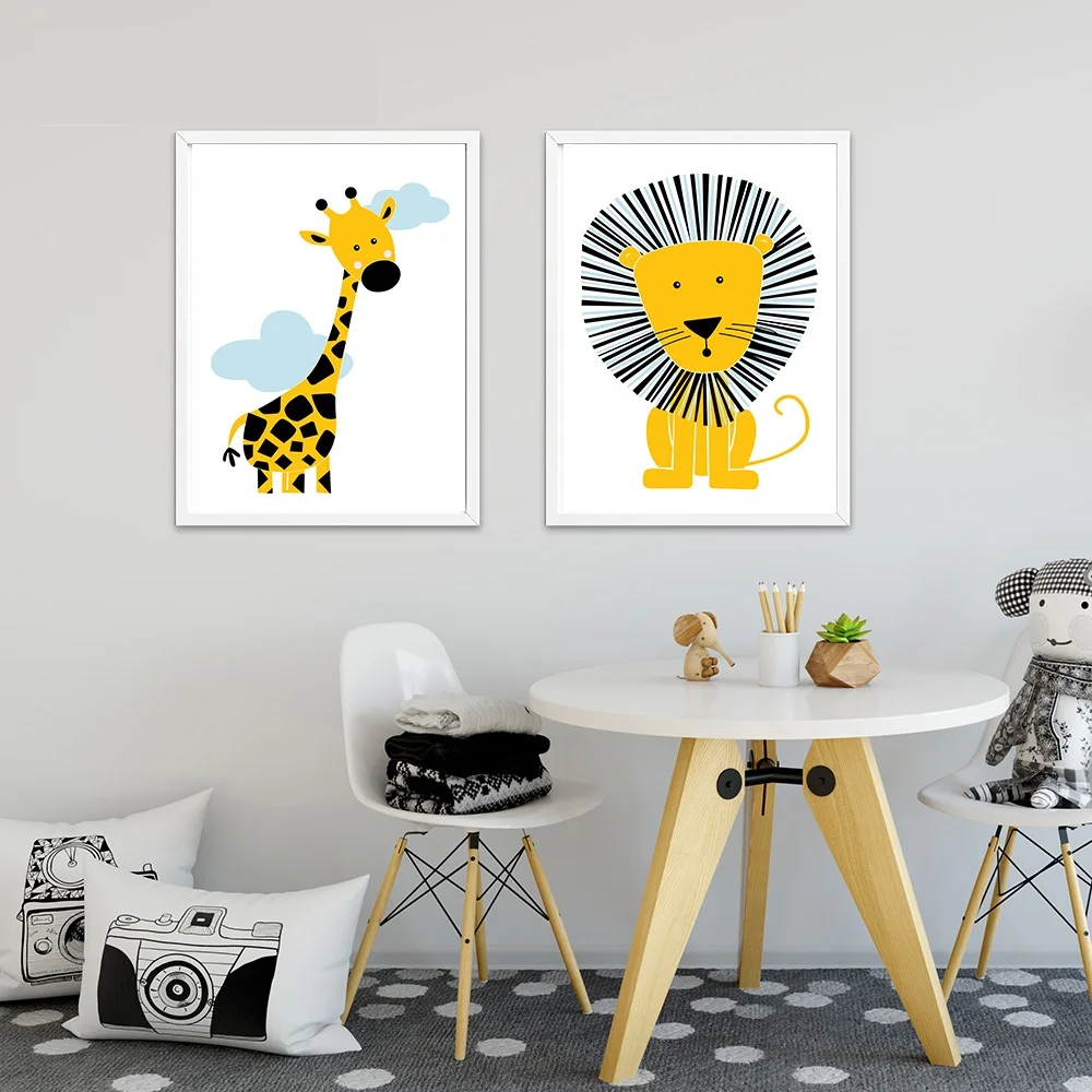 Cartoon Giraffe Lion Elephant Animal Posters and Prints Minimalist Wall Art Canvas Painting Nursery Picture Deacor | Дом и сад