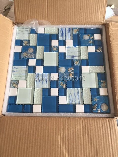 

Mediterranean Sea Syle Blue Crystal Glass Mosaic Tiles for wallfor bathroom shower swimming pool DIY decorate 11pcs size 30*30cm