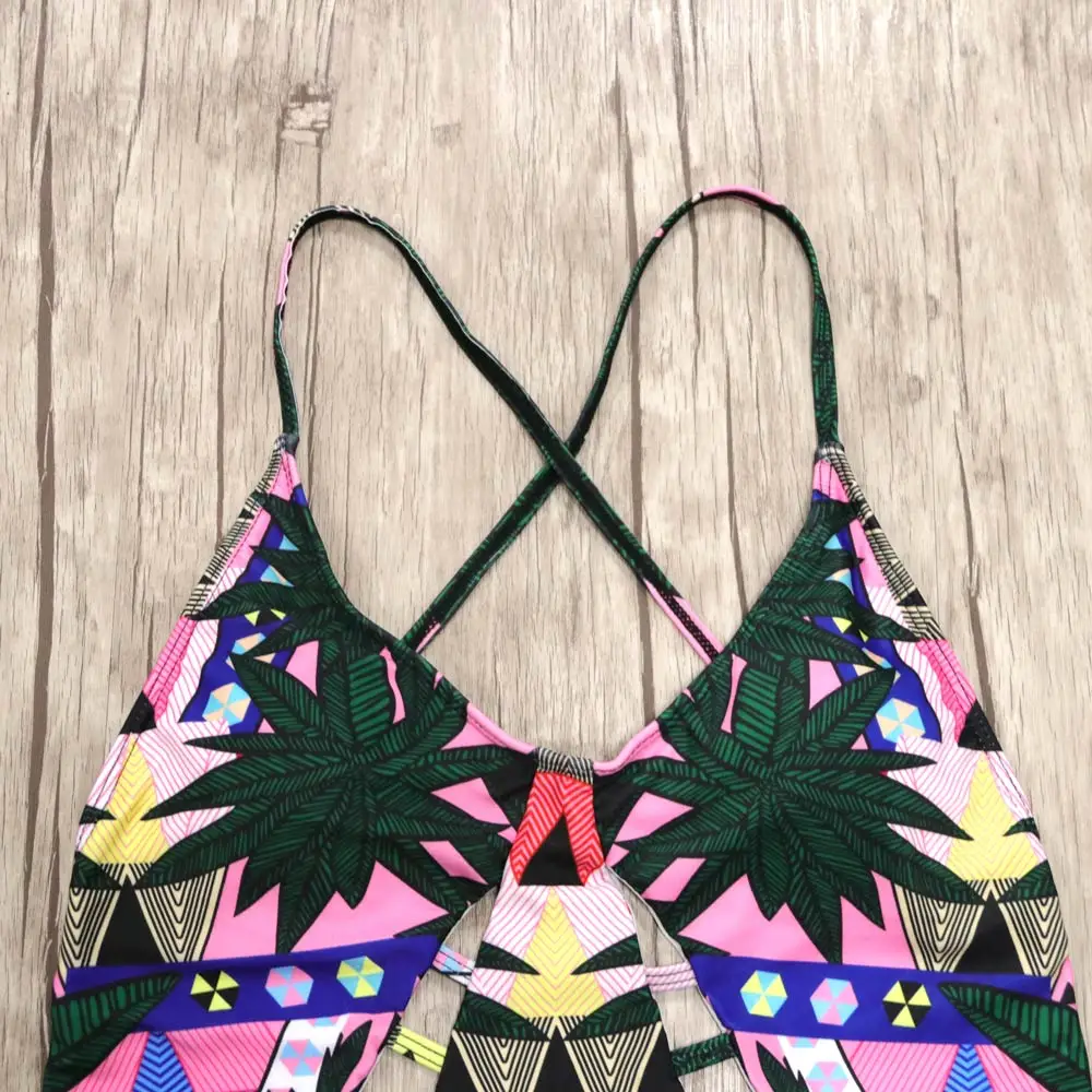 one piece swimsuit trikini sexy 2017 swimwear women floral print green leaf bandage bamboo monokini bikini | Спорт и развлечения