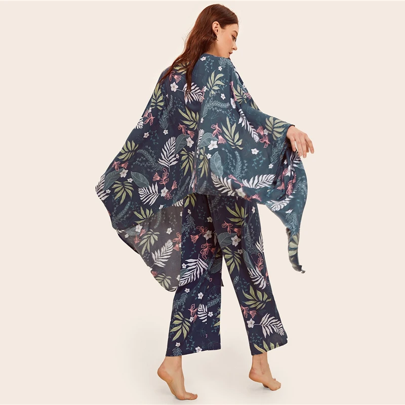 Dotfashion/пижамный комплект с цветочным принтом, 4 шт., с халатиком, летняя Пижама для женщин, Весенняя повседневная одежда с длинными рукавами и v-образным вырезом