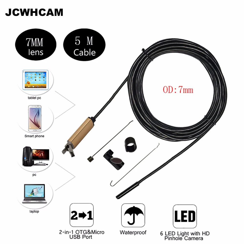 JCWHCAM 2017 Новый 7 мм 2 в 1 Android USB эндоскоп камера 5 м Смартфон OTG бороскоп гибкая трубка