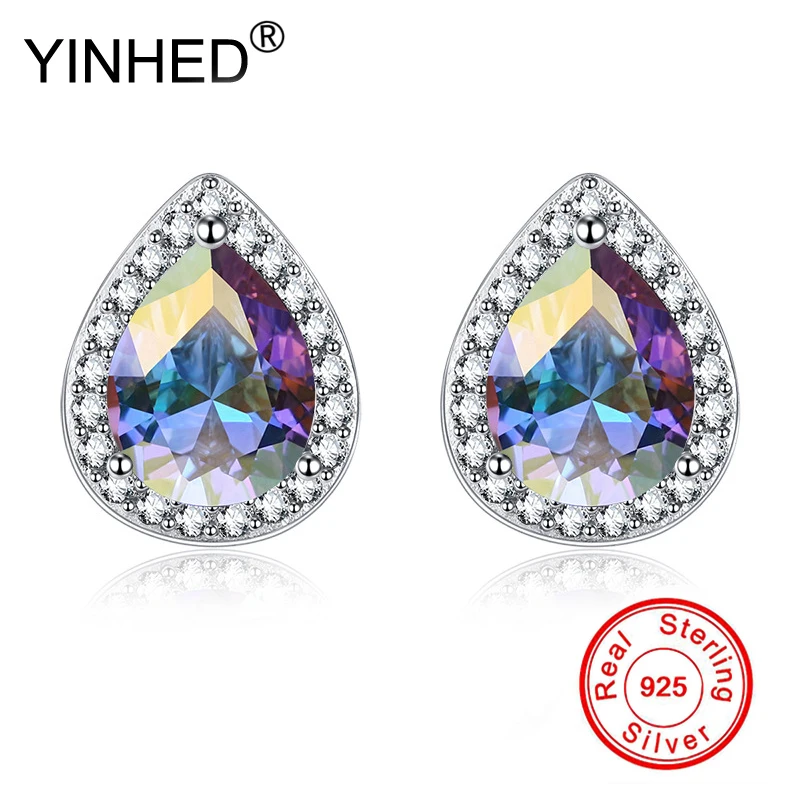 

YINHED Luxury Women Colorful Waterdrop Stud Earrings With AAA Cubic Zircon 925 Sterling Silver Earrings Fashion Jewelry ZE084