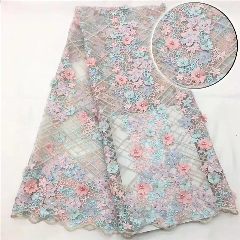 Top Quality Beaded 3D Flower African Net lace fabric 5Yards New Coming Nigerian For Wedding Dress HX1001-2 | Дом и сад