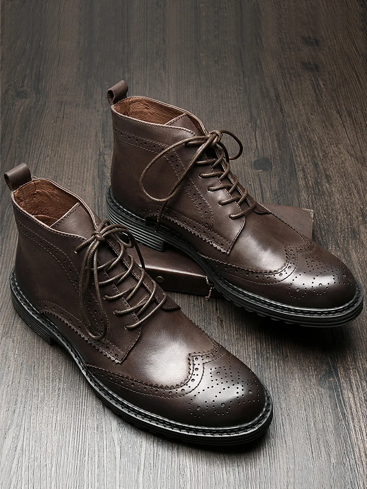 

British Style Martin Boots Mens Short Boot Brogue Carved High top Mans Fur Warm Winter Boots