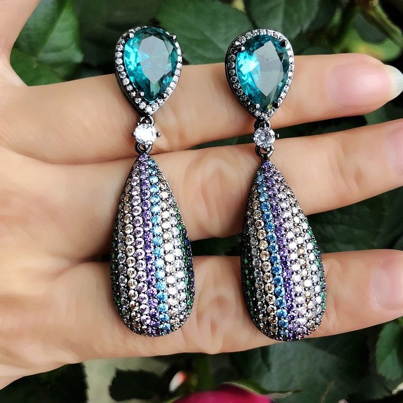 Синие Большие висячие серьги с покрытием из циркония AAA роскошные длинные