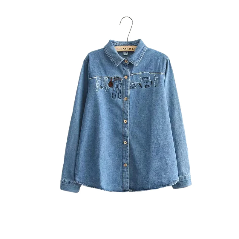Для женщин Джинсовые рубашки 2017 Женский Blusas милый мультфильм вышитые рубашка