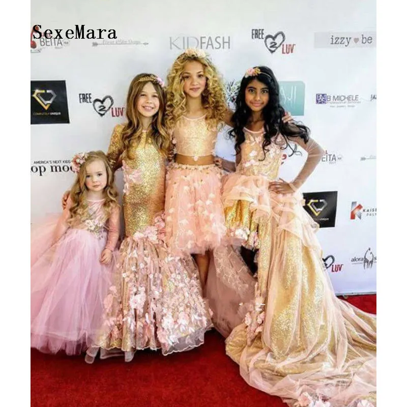 Блестящее розовое платье-Русалка для девочек с аппликацией из блесток и 3D