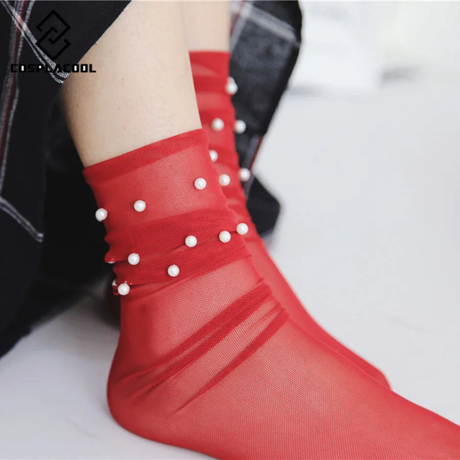 

[COSPLACOOL]Mesh Pearls Women Socks Fashion Female Princess Heap Heap Meias Soft Funny Socks Transparent Elastic Hosiery Sox