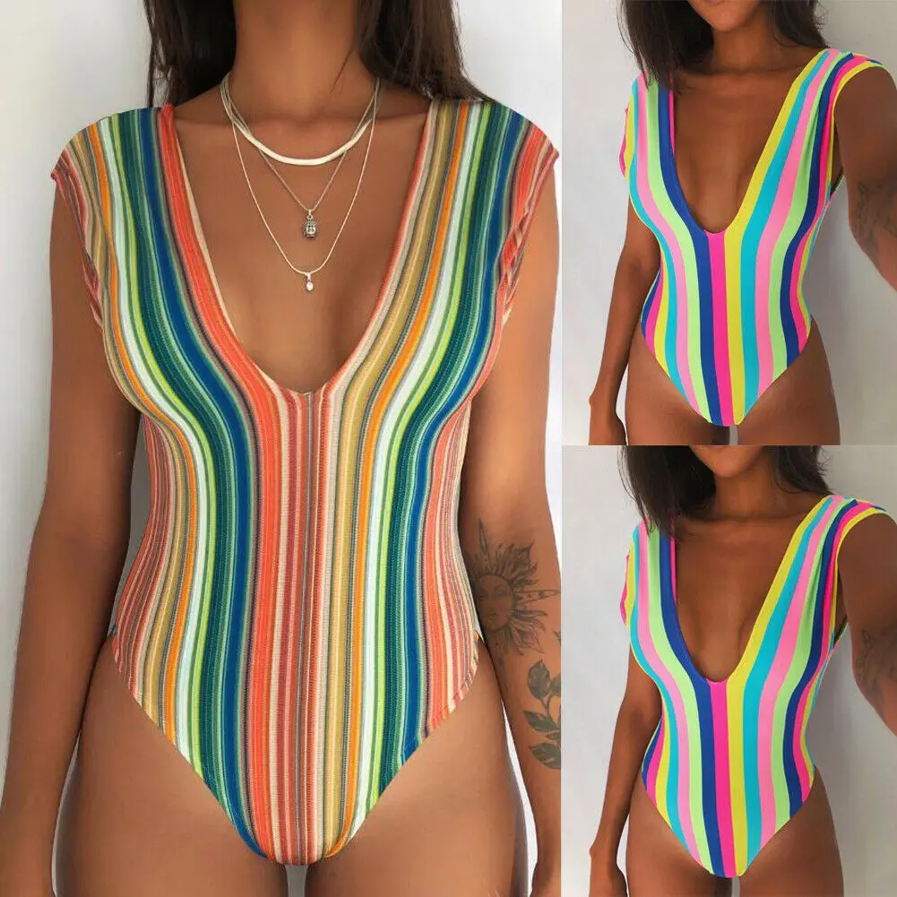 Лето 2019 женский слитный купальник без рукавов с треугольным вырезом и радужными