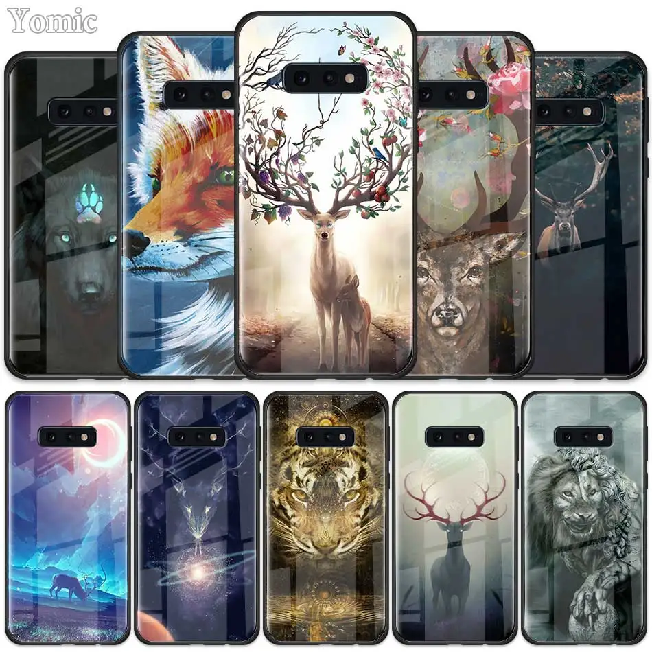 

Animal Deer Lion Art Tempered Glass Case for Samsung Galaxy S20 FE S21 Note 20 Ultra S10 10 Lite S9 Plus S8 Phone Cover Shell