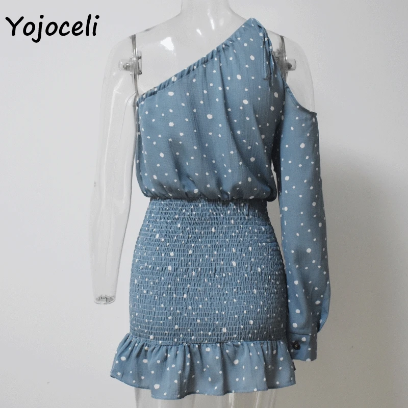 Yojoceli, сексуальные вечерние платья в горошек для клуба, женское мини-платье на одно плечо с рюшами, облегающее женское платье vestidos