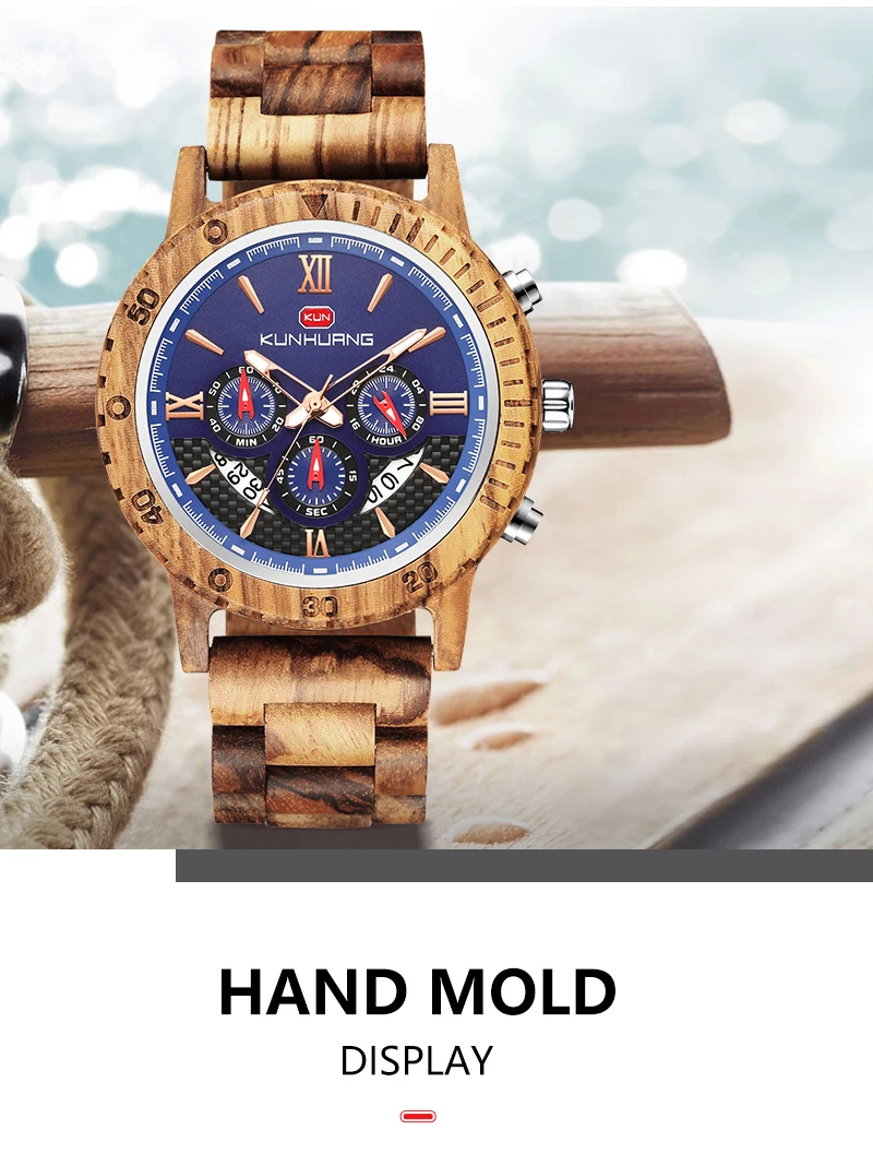 Fashion Wooden Men Watch Natural Zebra Wood Wristwatch with Date and Multiple Time Zone reloj hombre Men's Gift Watches W-K01