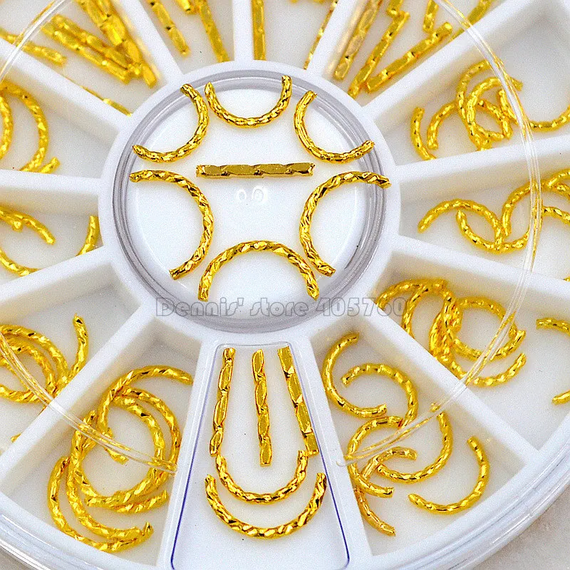 

3D Gold Mix 2 Sizes Straight Curved Twist Round Strip Bar Rivets Studs Alloy Nail Art Gems Decoration Rhinestones Wheel DIY Tips