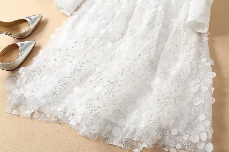 Bling пайетками see through белый/розовый Сетчатое платье Стенд воротник Длинные рукава ТРАПЕЦИЕВИДНОЕ ПЛАТЬЕ С Вышивкой летние вечерние женские платья