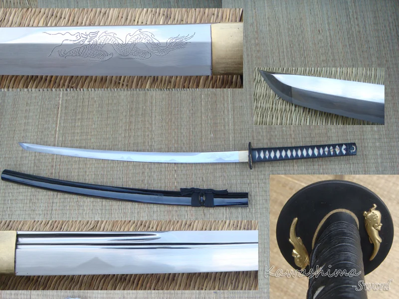 

Кованая японская катана Unokubi Zukuri Тепловая закаленная сталь настоящий самурайский меч Выгравированный Дракон двойное лезвие резки готов