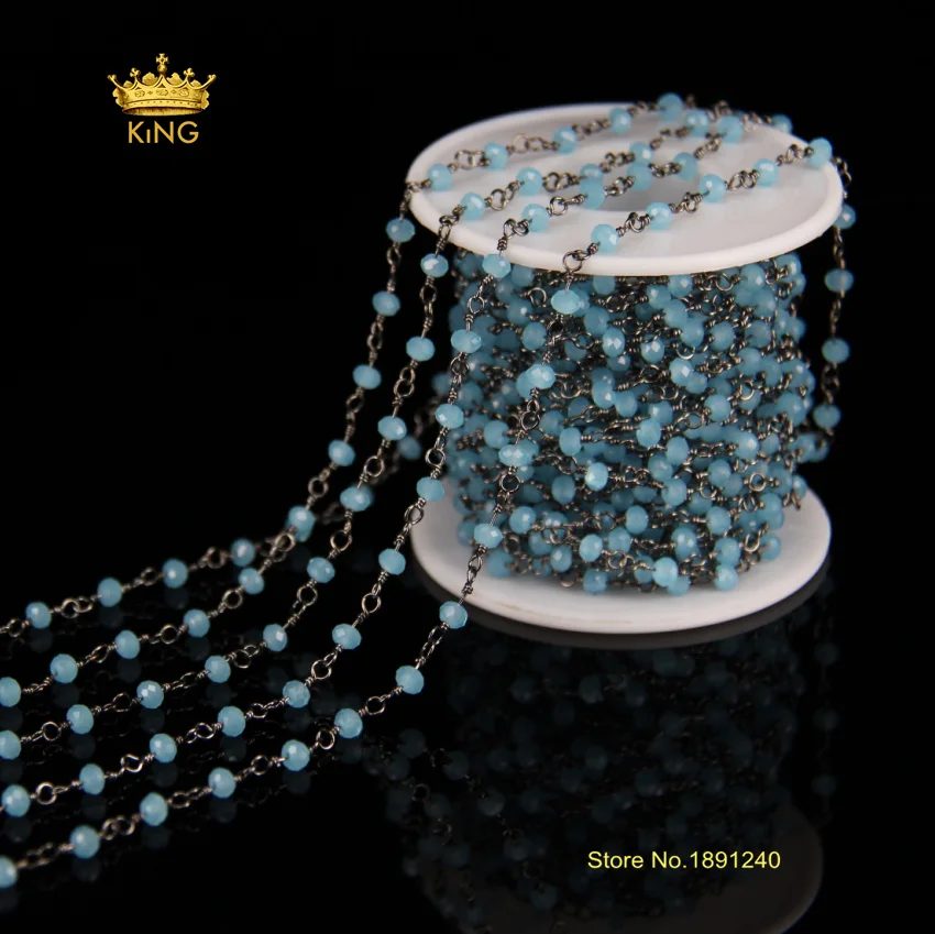 

5Meter 3x4mm Transparent Blue Glass Faceted Rondelle Beads Chains Necklace,Rosary Plated Gun Black Wire Wrapped Link Charm HX037