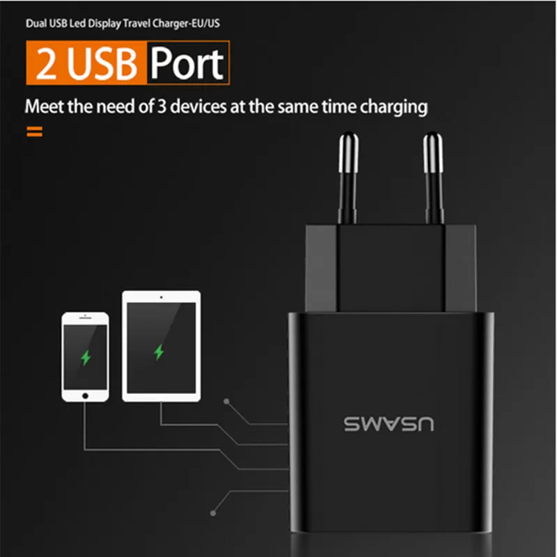 Светодиодный дисплей USAMS зарядка через два USB-порта вилка стандарта ЕС/США макс. 2 4
