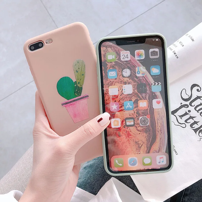 Summer Cactus Art Korea Phone Case For iPhone 6 6S 7 8 Plus Matte Silicone Cases for X XS Max XR Couple Back Cover Coque | Мобильные