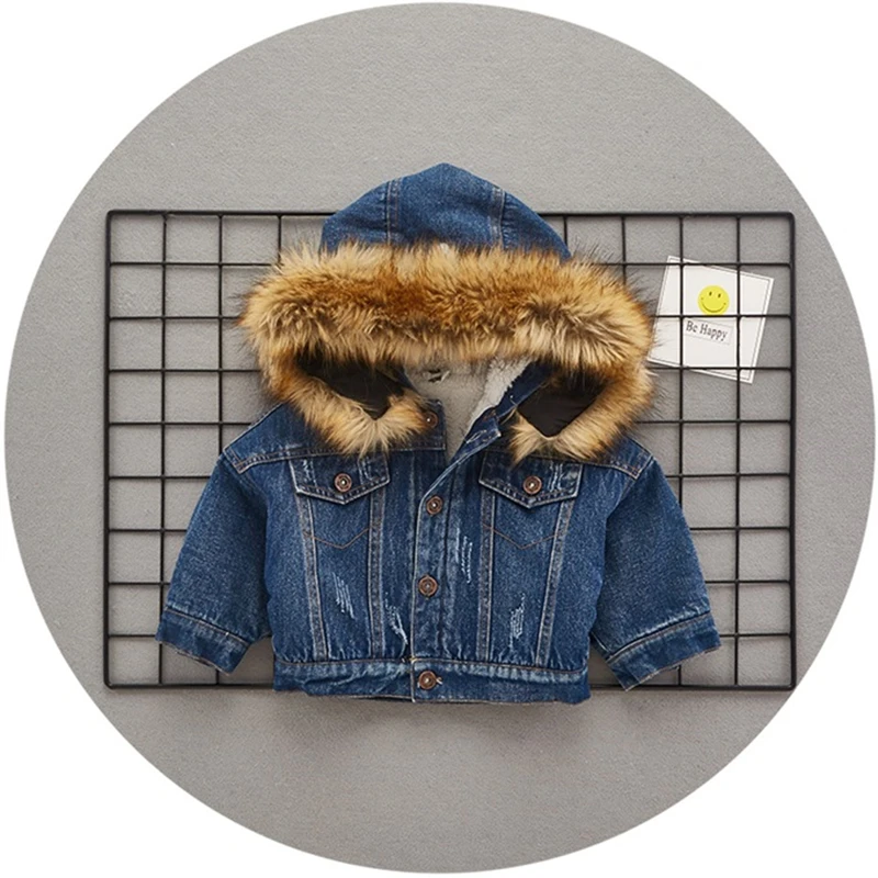 Зимняя верхняя одежда для маленьких мальчиков и детей синяя плюшевая джинсовая