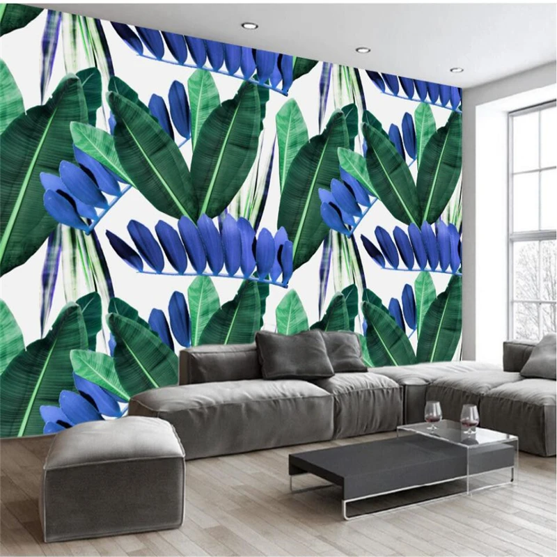 

beibehang Hand painted tropical banana plant TV backdrop custom large mural green silk wallpaper papel de parede para quarto