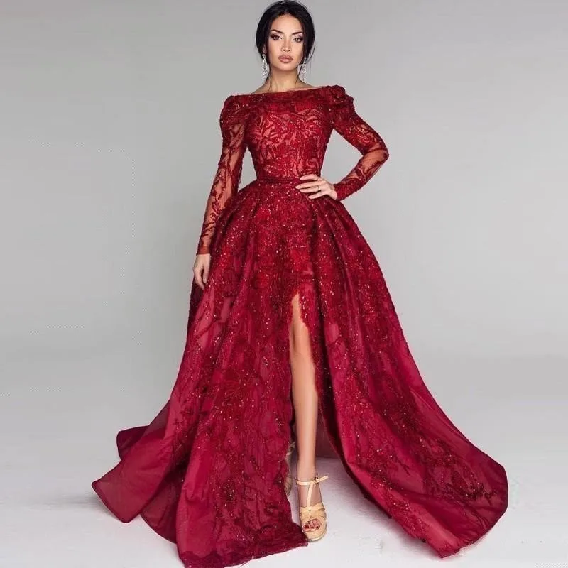 

Wine Red Formal Dress Slash Neck Sheer Sleeve robe de soiree Formal Dresses vestido de festa longo Slit Evening Gown Beading