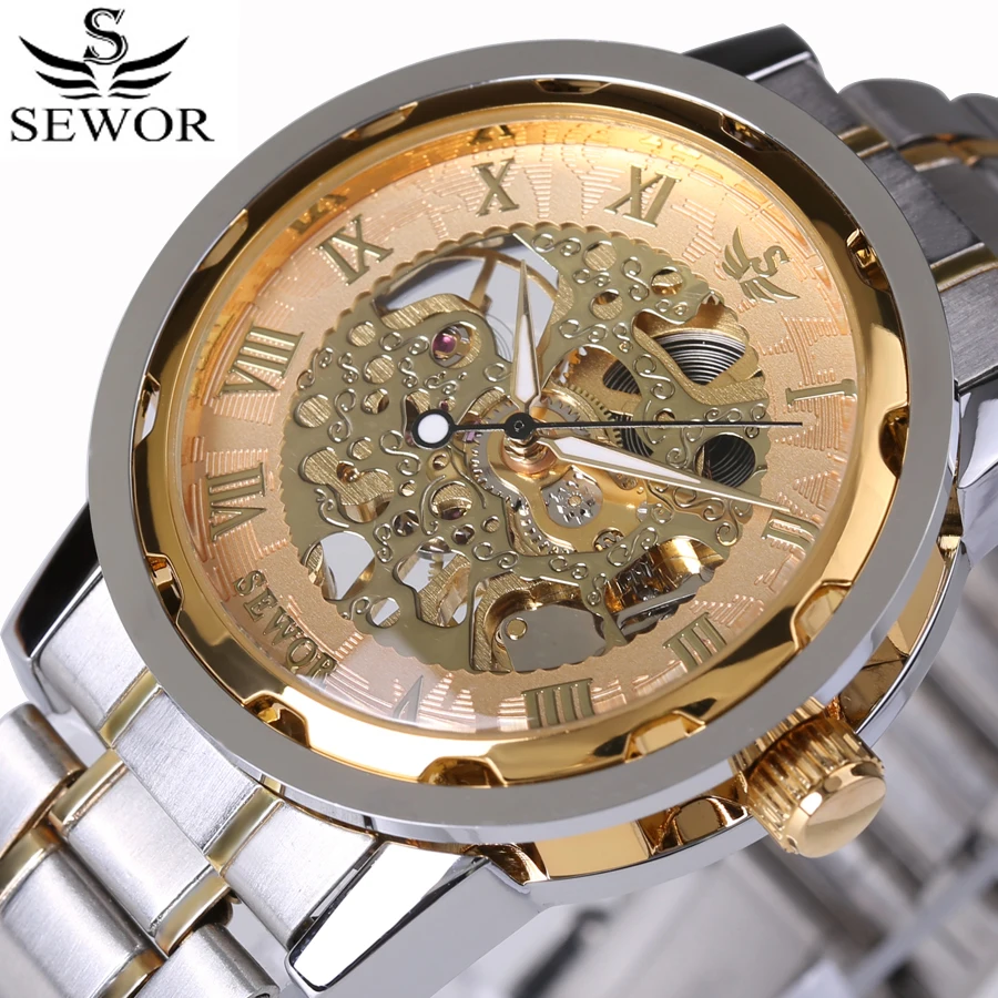 

Luxury Transparent Mens Skeleton Watches Men Mechanical Watch Roman Numerals Surface Clock Full Steel Watch Relogio Masculino