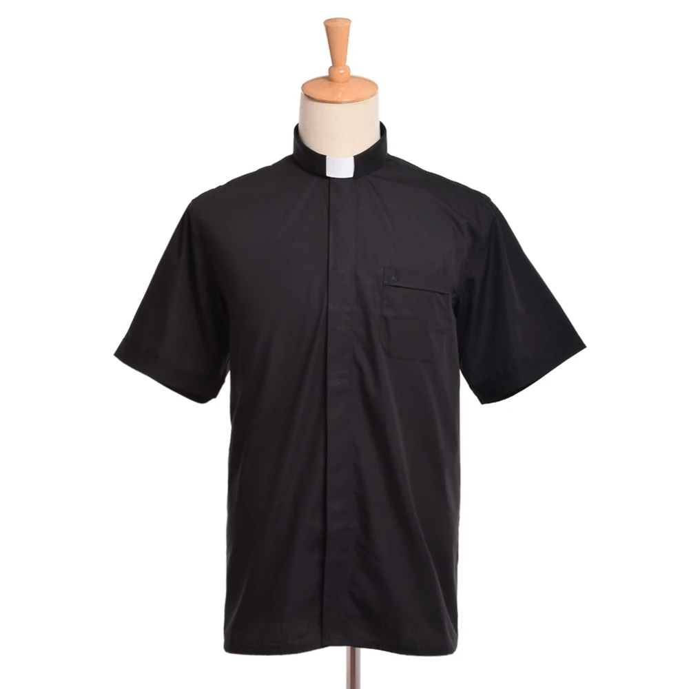 

Pastor Clergy Shirts Priest Costume Tab Collar Black Minister Preacher Short Sleeve Tops