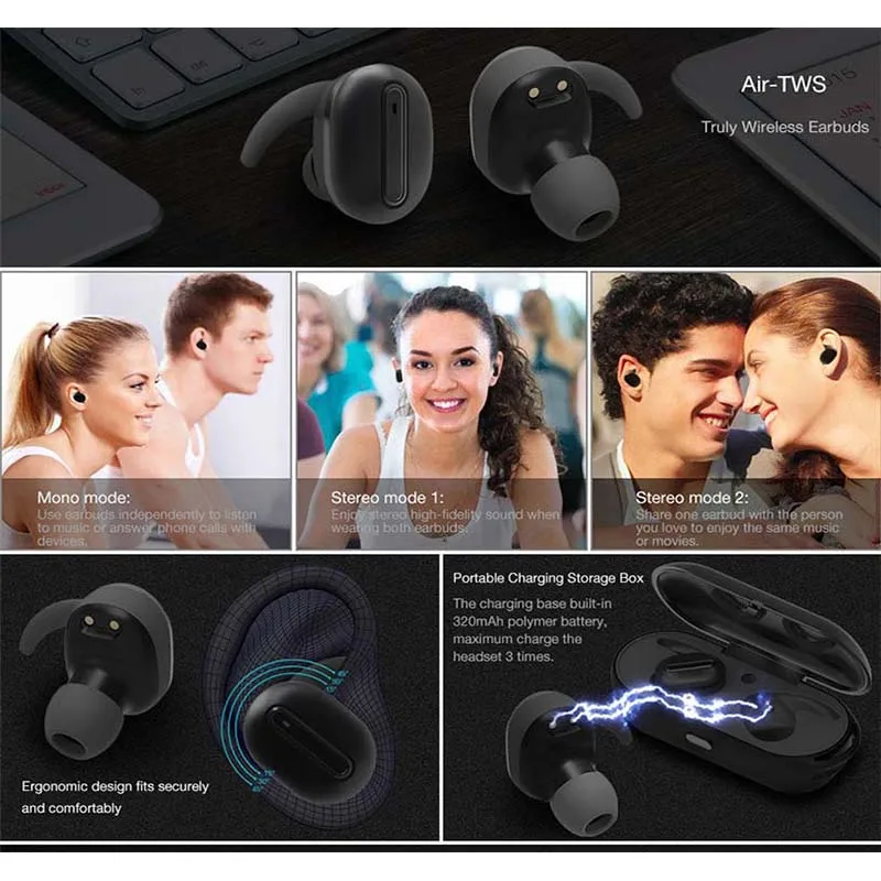 Правда Беспроводной Bluetooth наушники с Зарядное устройство коробка Air СПЦ