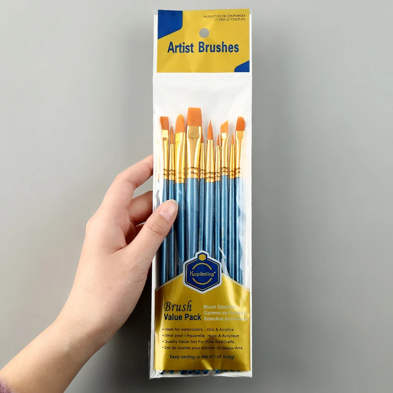 Набор кистей из 10 штук для акварели и акрила, нейлоновое волокно, длинная ручка, круглая головка, плоские кисти для детских художественных материалов.