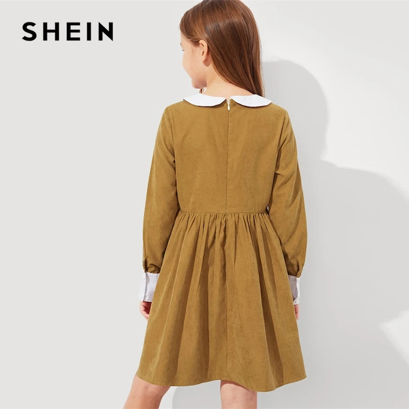 SHEIN Kids/коричневое платье для девочек с контрастным воротником и бантом спереди; консервативное платье; детская одежда; коллекция года; весенние повседневные платья для девочек с длинными рукавами на молнии